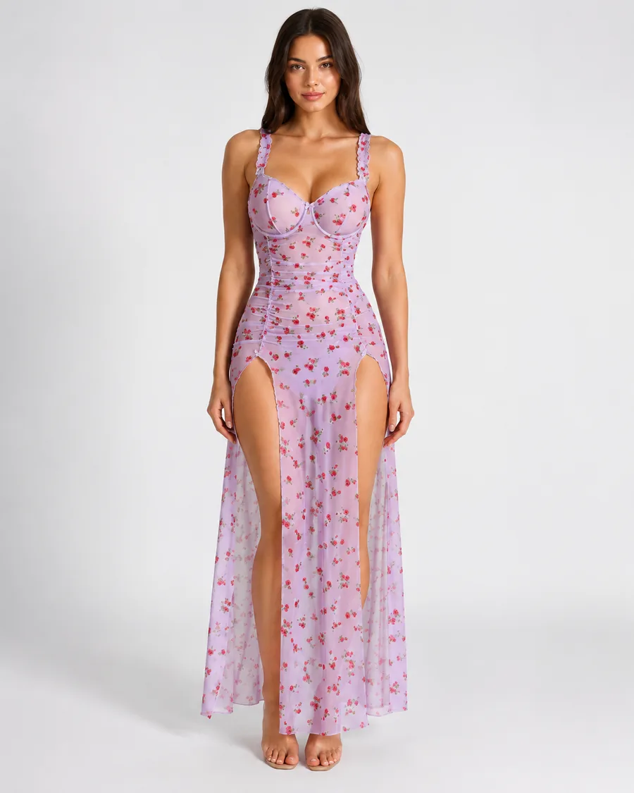 Lilac Floral Mesh Long Gown