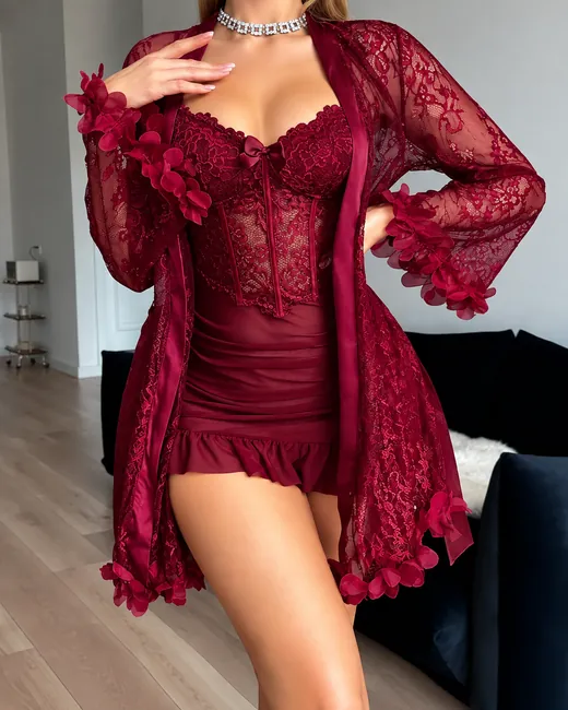 Wine Lace Ruffle Robe & Slip Set